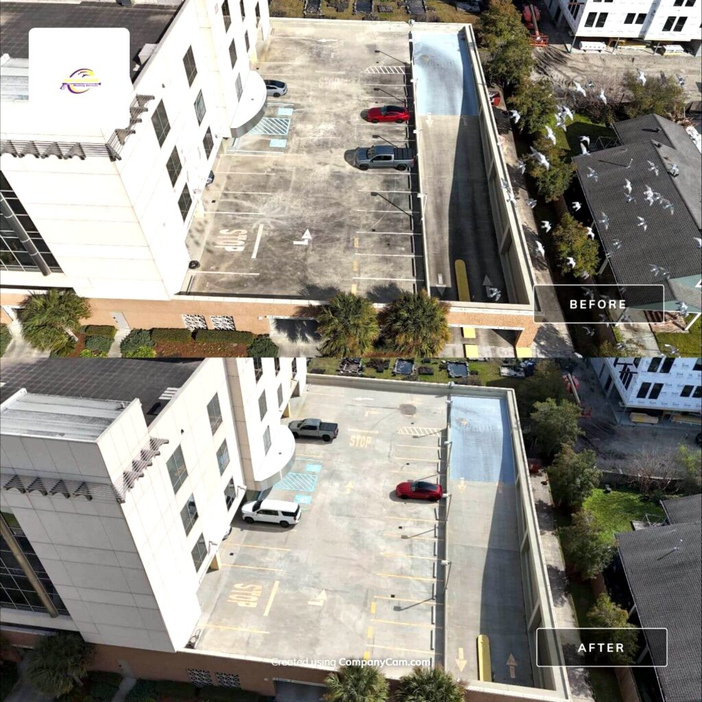 Aerial view of a parking deck before and after pressure washing by Clean Slate - pressure wash in harvey