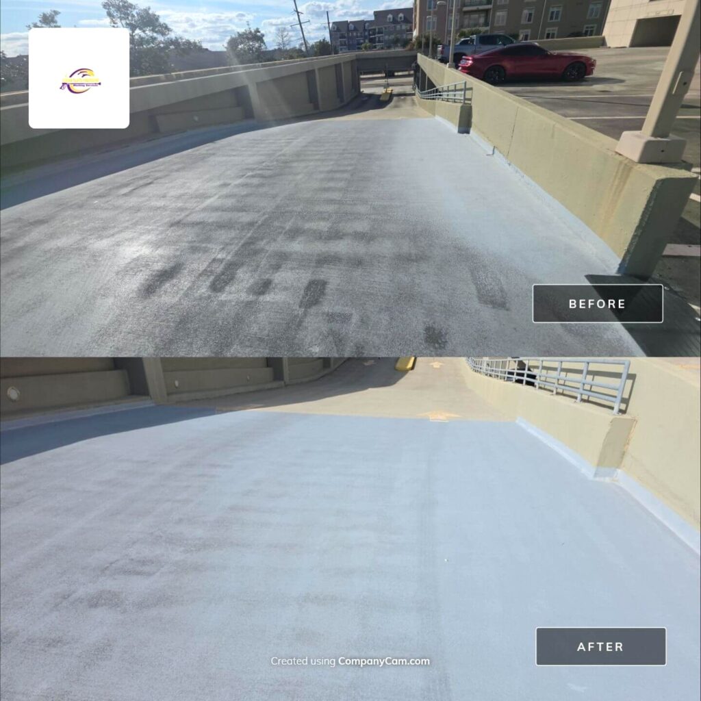 Parking garage ramp before and after cleaning by Clean Slate, showing reduced tire marks and grime - pressure wash harvey