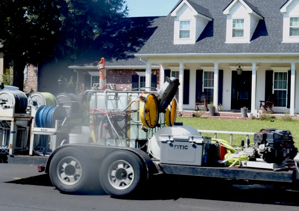 Pressure washing trailer with water tanks, hose reels, and cleaning equipment parked in front of a brick home - pressure wash in harvey